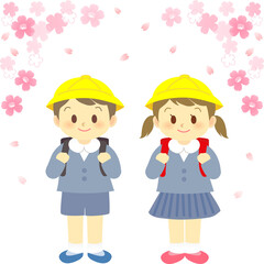 イラスト素材：桜満開の中で男児と女児で仲良く記念撮影する姿
