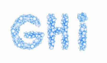 blue letters, alphabet from bubbles, balloons.  Kids design, for holidays, parties, weddings, prints, invitations, cards, baby shower