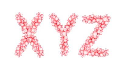 Pink letters, an alphabet made from bubbles, balloons.  Children's design, for holidays, parties, weddings, prints, invitations, cards, baby shower