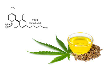 Bowl with hemp oil, leaf and seeds on white background, CBD hemp oil.  CBD Chemical Formula,...