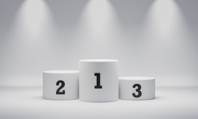 White round cylinder winner podium on spotlight background with number place. Abstract minimal geometry concept. Studio platform. Exhibition and presentation stage. 3D illustration render graphic