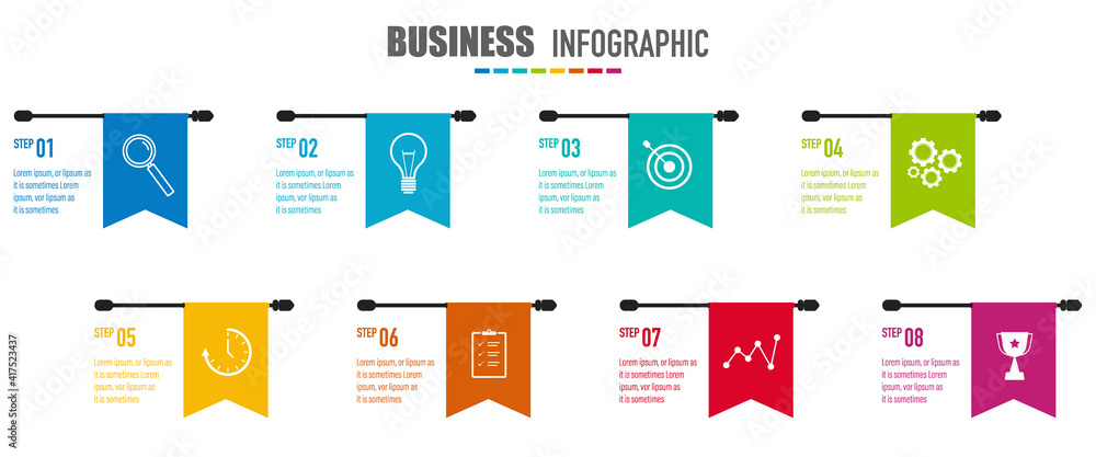 Aufkleber infographics design vector and business icons with 8 options in flag shape for presentation and web 