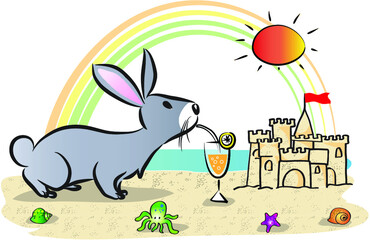 vector cartoon rabbit with cold drink sun rainbow sand castle summer