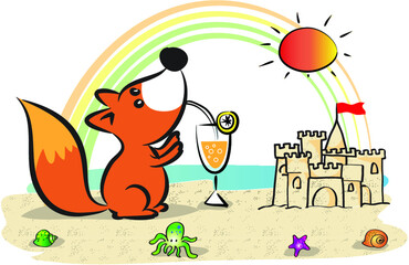 Fototapeta premium vector cartoon fox with cold drink sun rainbow sand castle summer