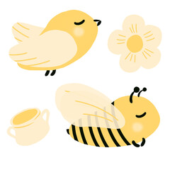 Hand drawing for children. Set with cute bee and bird. Baby design for prints, posters, cards