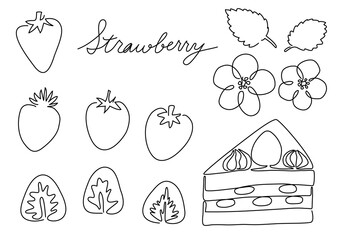 一筆書き　いちご（白黒、モノクロ）イチゴの花、苺のショートケーキ