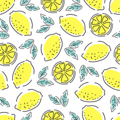 Fresh lemons seamless pattern. Contour style. Hand-drawn vector background.