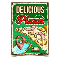 Delicious Pizza Cafe Location Promo Banner Vector. Pizza With Seafood Shrimp And Mussels, Basil Spice And Onion, Gps Mark On Phone Screen Advertising Poster. Layout Hand Drawn Concept Illustration