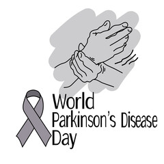 World Parkinson’s Disease Day, Symbolic image of hand shake, gray ribbon and themed inscription