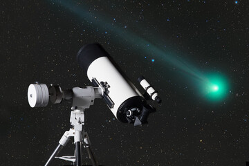 Astronomical telescope against the background of the night sky and a flying comet. The concept of...