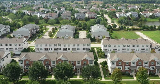 Aerial view of an upscale neighborhood in suburban Chicago during summer.