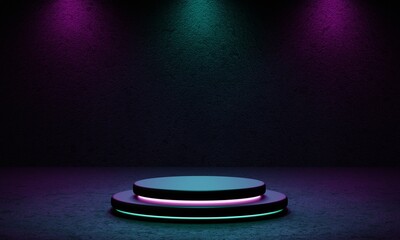 Cyberpunk product podium platform studio with blue and violet spotlight and grunge style textured background. Retro stage and Futuristics scene concept. 3D illustration rendering graphic - obrazy, fototapety, plakaty
