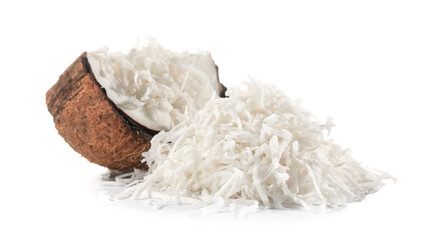 Coconut with flakes on white background
