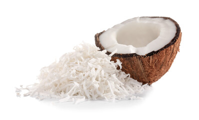 Coconut with flakes on white background