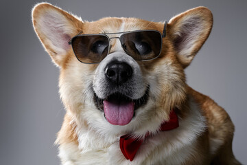 Charming portrait of amazing healthy and happy welsh corgi puppy dog posing and looking at camera, wearing sunglasses and red butterfly on gray background.