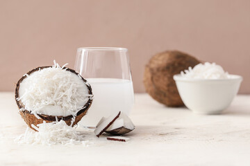 Coconut with flakes on light table