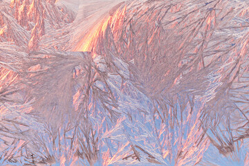 Winter snowy frosty patterns on the glass window. Winter magic. Frosty wonders. Abstract patterns.