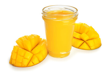 Glass of fresh mango juice on white background