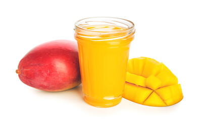 Glass of fresh mango juice on white background