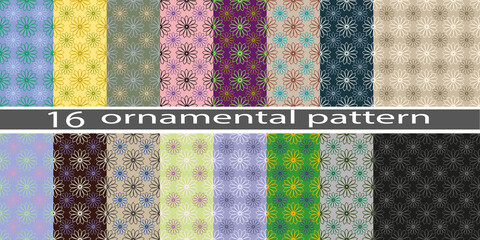 Set of 16 seamless patterns. Ornament of flowers on a multi-colored background.