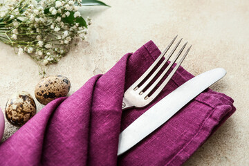 Fototapeta na wymiar Beautiful table setting for Easter celebration on grey background, closeup