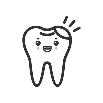 Filling tooth with emotional face, cute vector icon illustration. Line style isolated image
