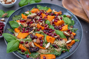 healthy home made couscous salad with sweet potato, beetroot and feta cheese