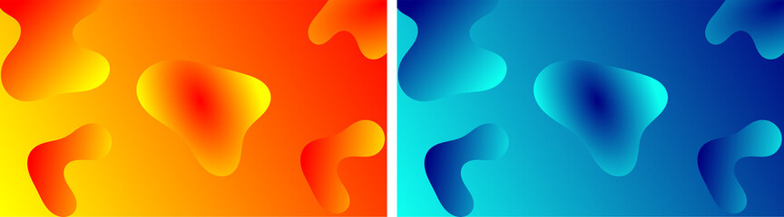Fluid dynamic modern minimal vector background set of 2 in blue and orange color, abstract background with liquid gradient, applicable for banner design, cover, invitation, party flyer