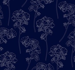Floral seamless background pattern with orchids flowers and leaves. Botanical illustration  hand drawn. Textile print, fabric swatch, wrapping paper.