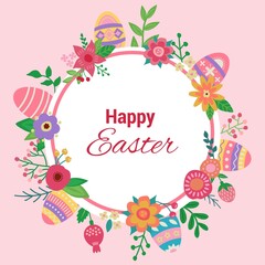 Easter frame with Easter eggs and text Happy Easter hand drawn pink on white background. Easter eggs with colorful leaves, flowers and berries. Vector illustration.