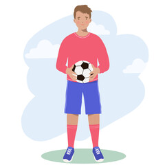 Sport. Football Player holds a soccer ball in his hands.