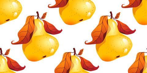 Pear pattern. Ripe yellow fruit with leaves. Vector illustration on a white isolated background.