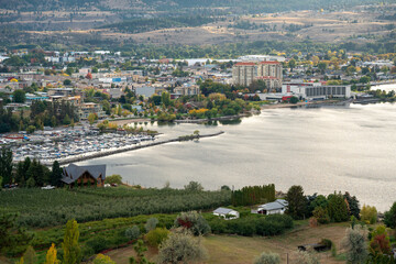 Scenic view of Okanagan Lake and blue sky in autumn in Penticton, BC, Canada