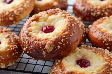 Brioche buns with cottage cheese and jam.