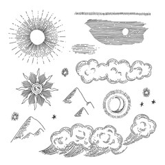 Nature engraving elements. Hand drawn antique style solar and selestial signs.