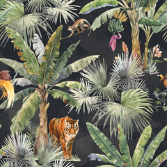 Beautiful seamless pattern with watercolor tropical palms and jungle animal tiger. Stock illustration.