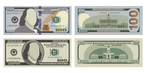 Hundred dollar bills in new and old design from both sides. 100 US dollars banknote, from front and reverse side. Vector illustration of USD isolated on a white background - obrazy, fototapety, plakaty