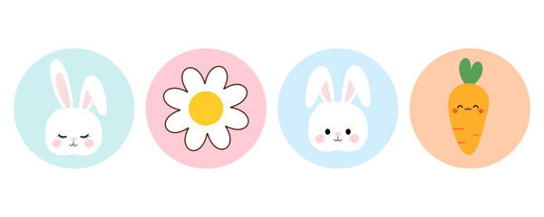 Easter bunny, daisy flower and carrot icon set on white background vector illustration.