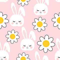 Seamless pattern with rabbits and daisy flower garden pink background vector illustration.