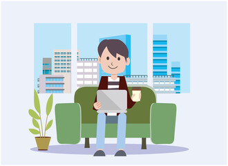 自宅でテレワークをする男性