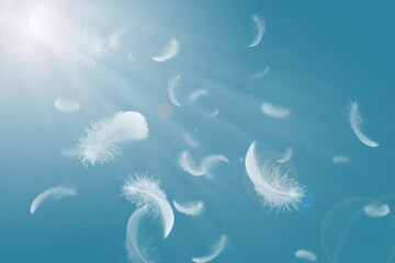 Group of soft and light white feathers floating in the sky.