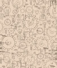 Grunge vertical texture with elements of gears, bolts and nuts. Abstract background. Aged paper effect. Design element. Vector illustration.