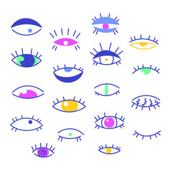 Set of various, hand-drawn, graphic doodles. Eyes vector flat illustration. Collection of evil, clairvoyance, Ra, Turkish, Greek and esoteric eyes of various forms isolated on white background. Fabric