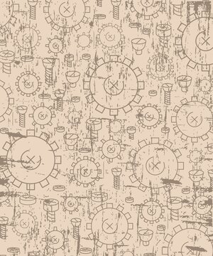Grunge vertical texture with elements of gears, bolts and nuts. Abstract background. Aged paper effect. Design element. Vector illustration. © Vladimir