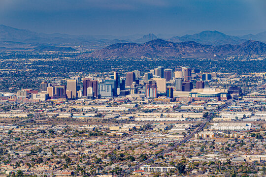 Downtown Phoenix And The Mountains Beyond From Above