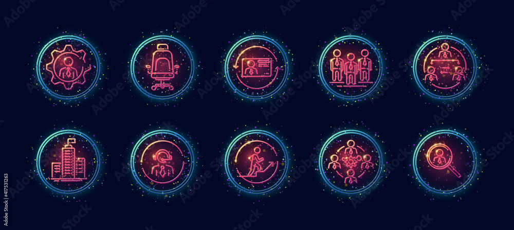 Poster 10 in 1 vector icons set related to human resources theme. lineart vector icons in geometric neon gl