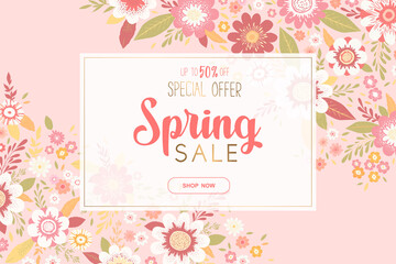 Spring sale vector banner with lettering, flowers and leaves isolated on pink background. Floral design for advertising, promotion, flyer, invitation, card, poster, website