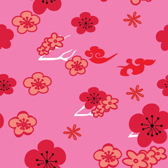 Vector red pink cherry flowers blossom, seamless pattern background.