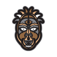 Tiki mask on a white background. Good for prints and tattoos. Isolated. Vector illustration.