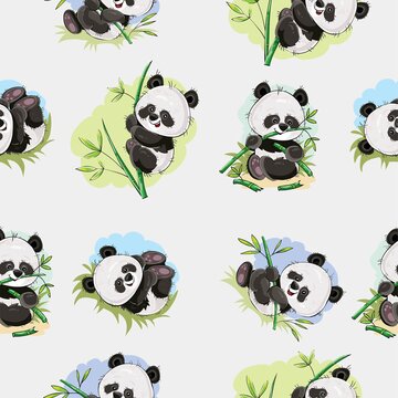 Happy panda bear baby playing bamboo seamless pattern vector